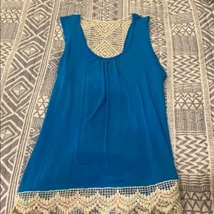 Blue tank top with cream lace
